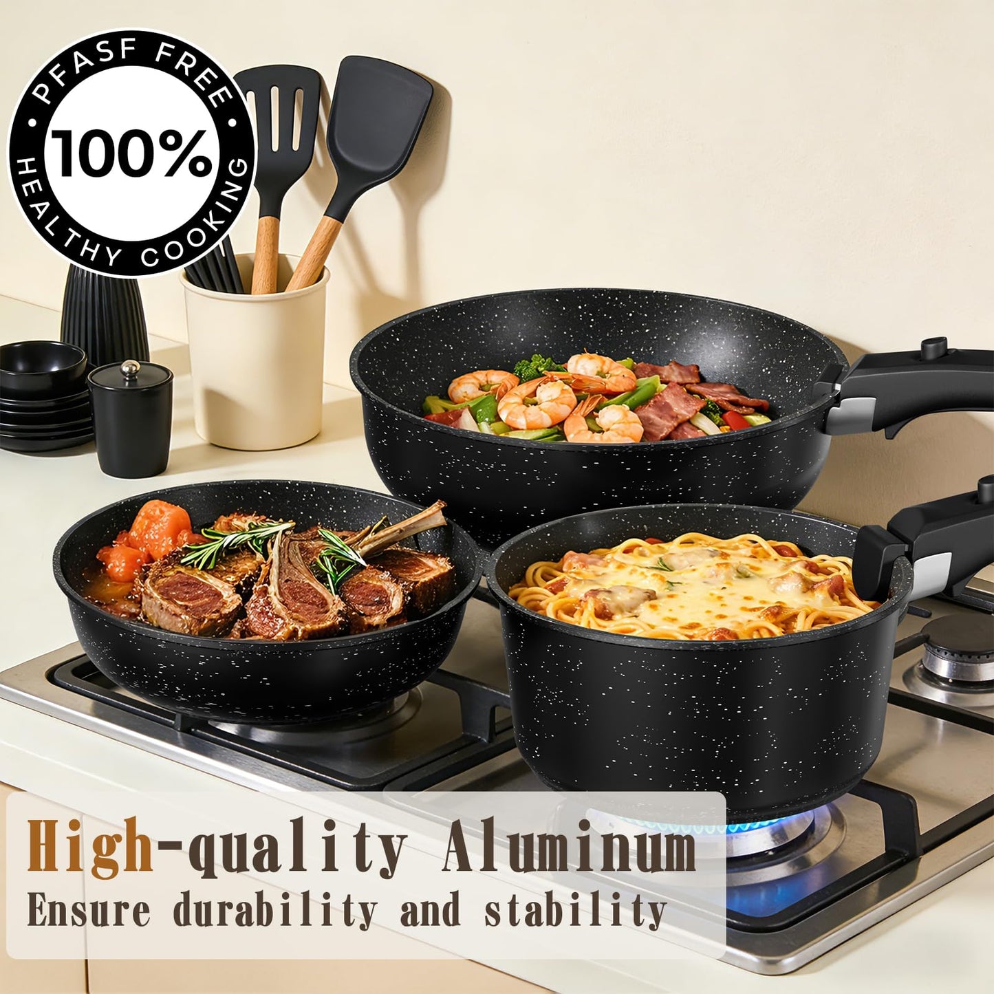 Umite Chef 21Pcs Pots and Pans Set Non Stick, Nonstick Cookware Sets Detachable Handle, Non Toxic Induction RV Kitchen Cooking Set, Dishwasher/Oven Safe, Fridge Safe, Space Saving(Black)