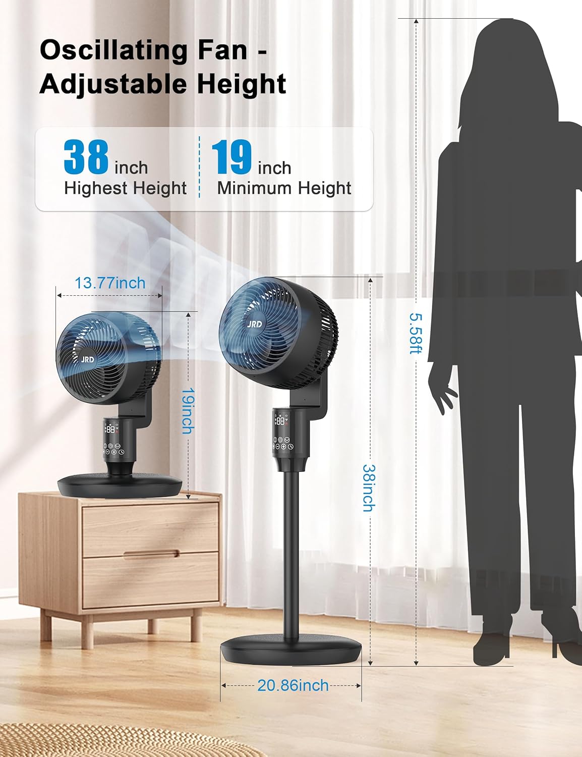 JRD Oscillating Floor Fan - Quiet 70° Pedestal Fan with 6 Speeds & Remote Control | Adjustable 19-38" Height