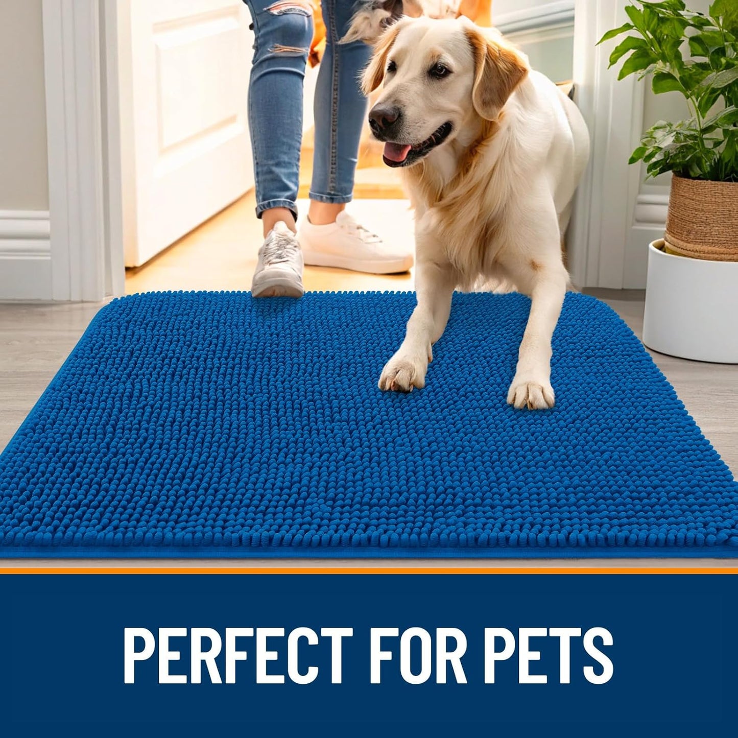 OLANLY Dog Door Mat - Absorbent Non-Slip Mud Mat for Indoor Use | Quick Dry Chenille, 54x24, Deep Navy Blue
