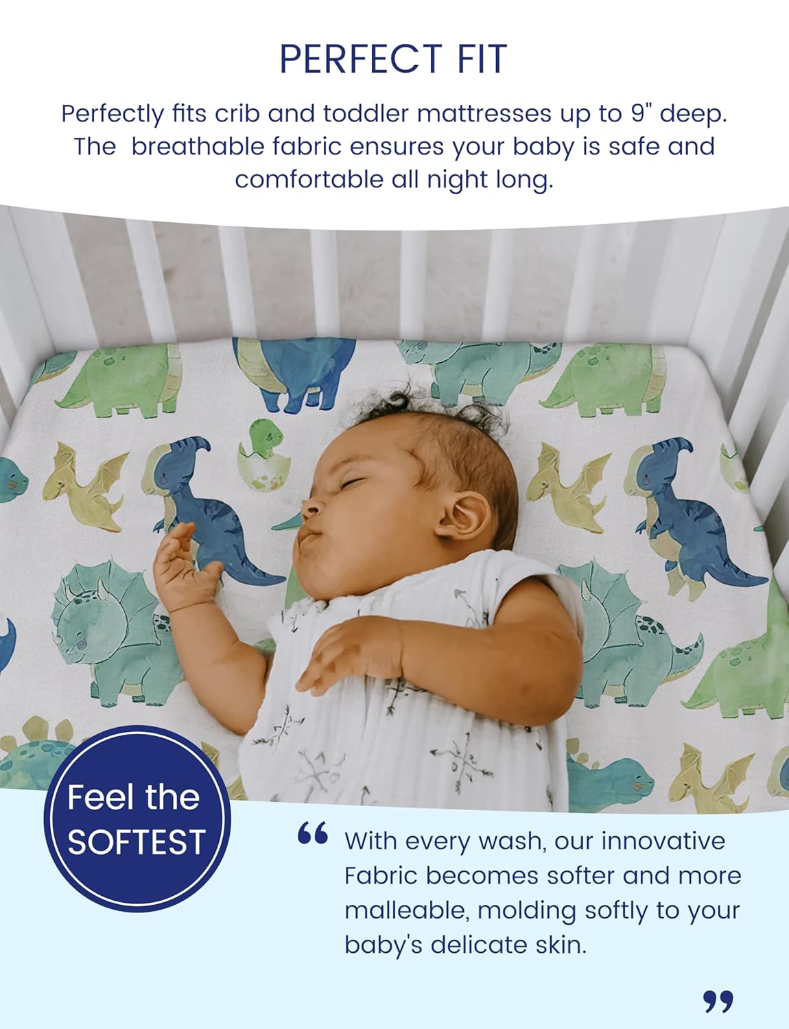 TotAha Dinosaur Crib Sheets - Premium Soft & Breathable Fitted Mattress Sheets | 28x52x9 Extra Deep Pocket, 2 Pack
