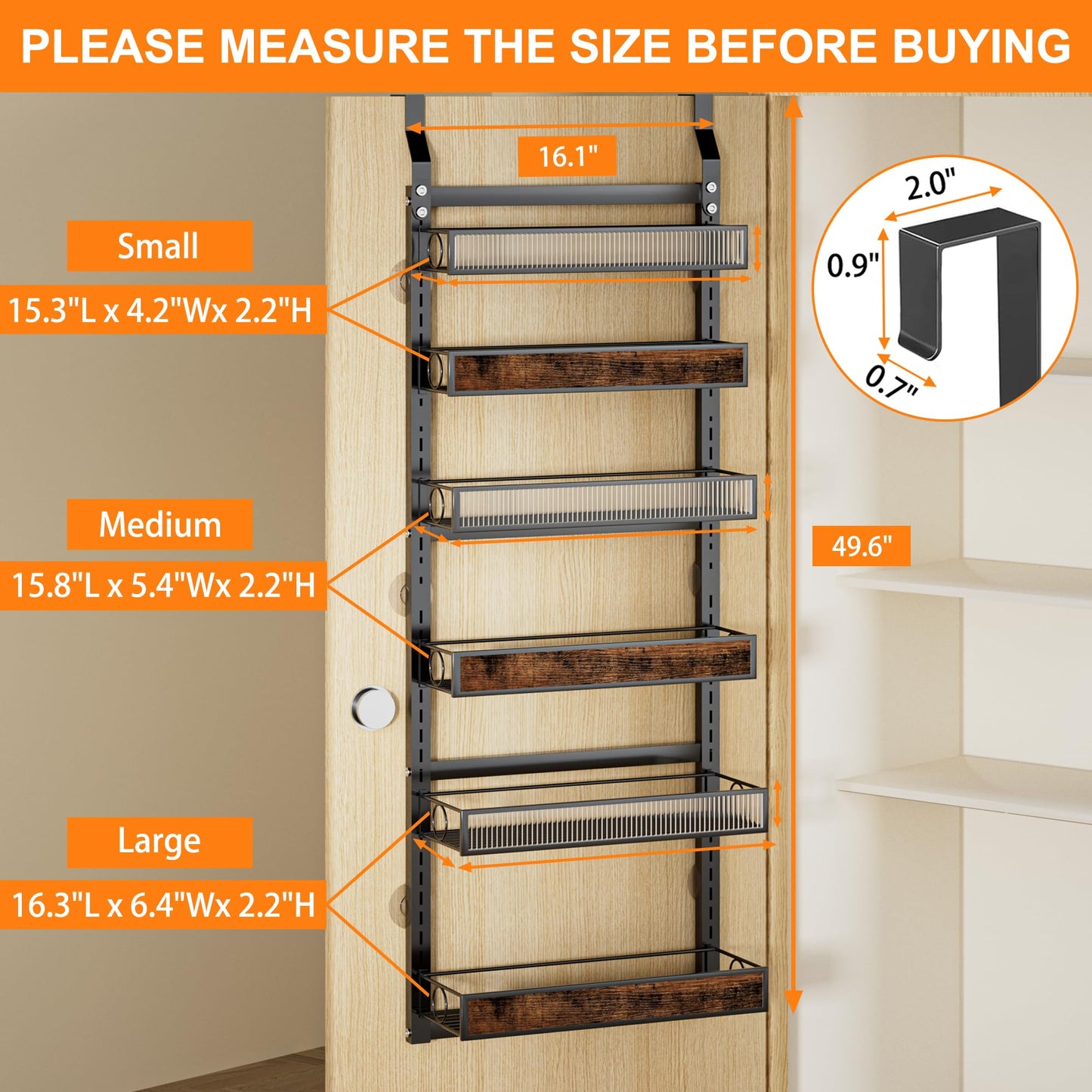 6 Tier Pantry Door Organizer Spice Rack, 2-IN-1 Wall Mount or Hanging Over Door Seasoning Organizer with Adjustable Baskets, Heavy Duty Behind Door Storage Shelves for Pantry, Cabinet and Kitchen