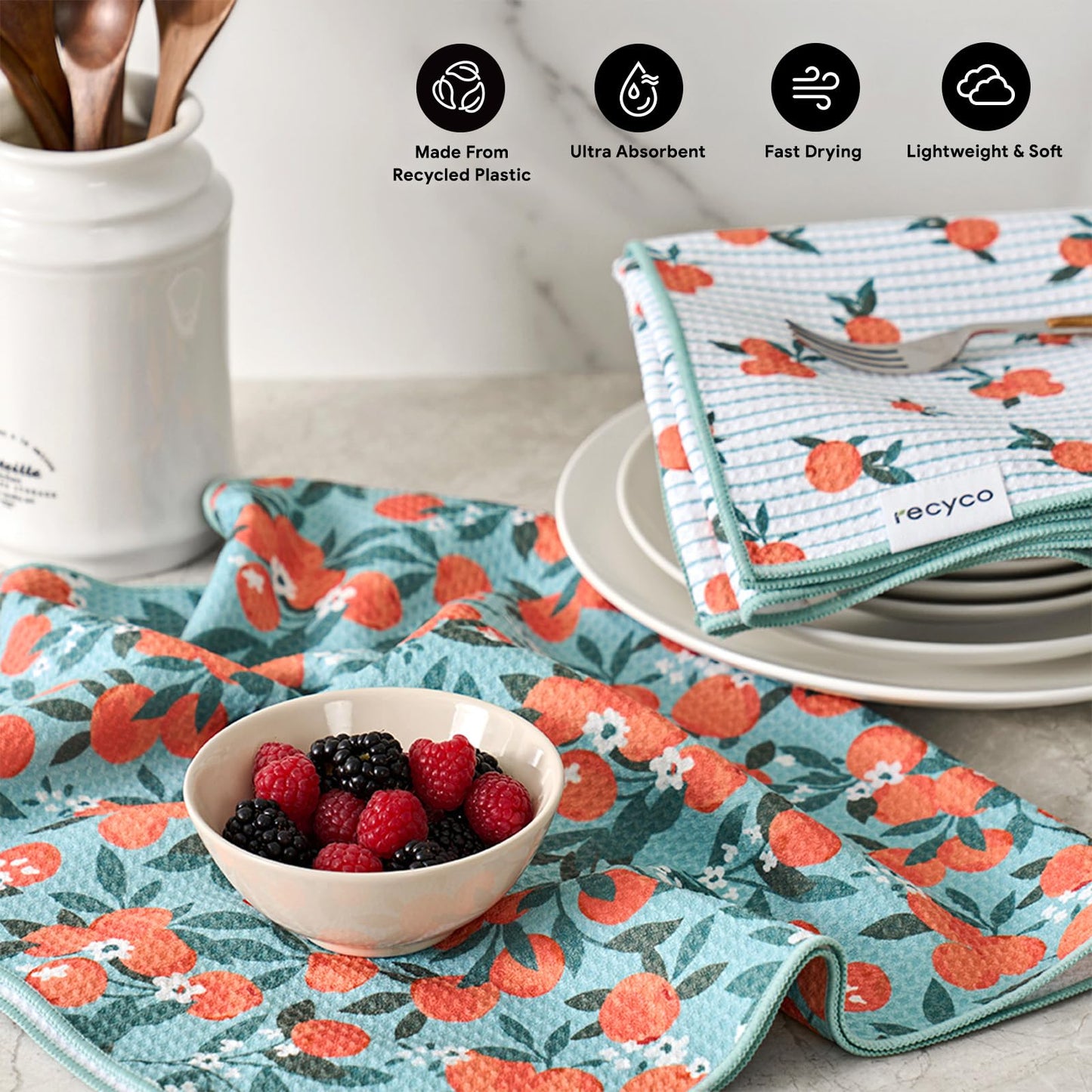 RECYCO Waffle Kitchen Towel Set of 2 - Quick Dry Microfiber Sustainable Dish Towels - Ultra Absorbent Reusable Cleaning Tea Towels - Lightweight Hand Towels,16”x 28”, Clementine Grove