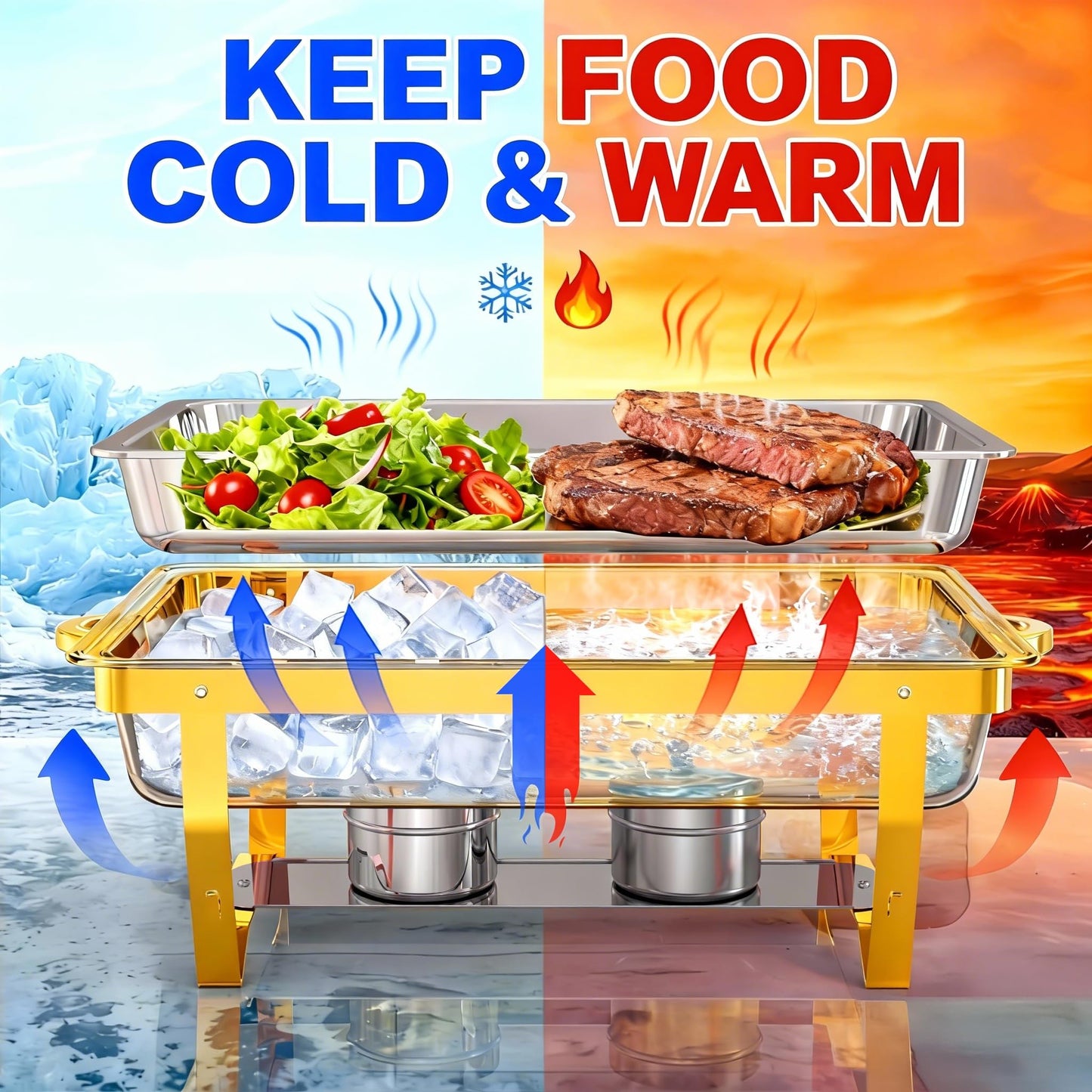 4 Pack Chafing Dishes for Buffet (Full 1/2 1/3 Size Pan), 9QT Chafing Dish Buffet Set Stainless Steel Buffet Food Warmers Sets for Catering Events Parties Dinners （Gold Silver）