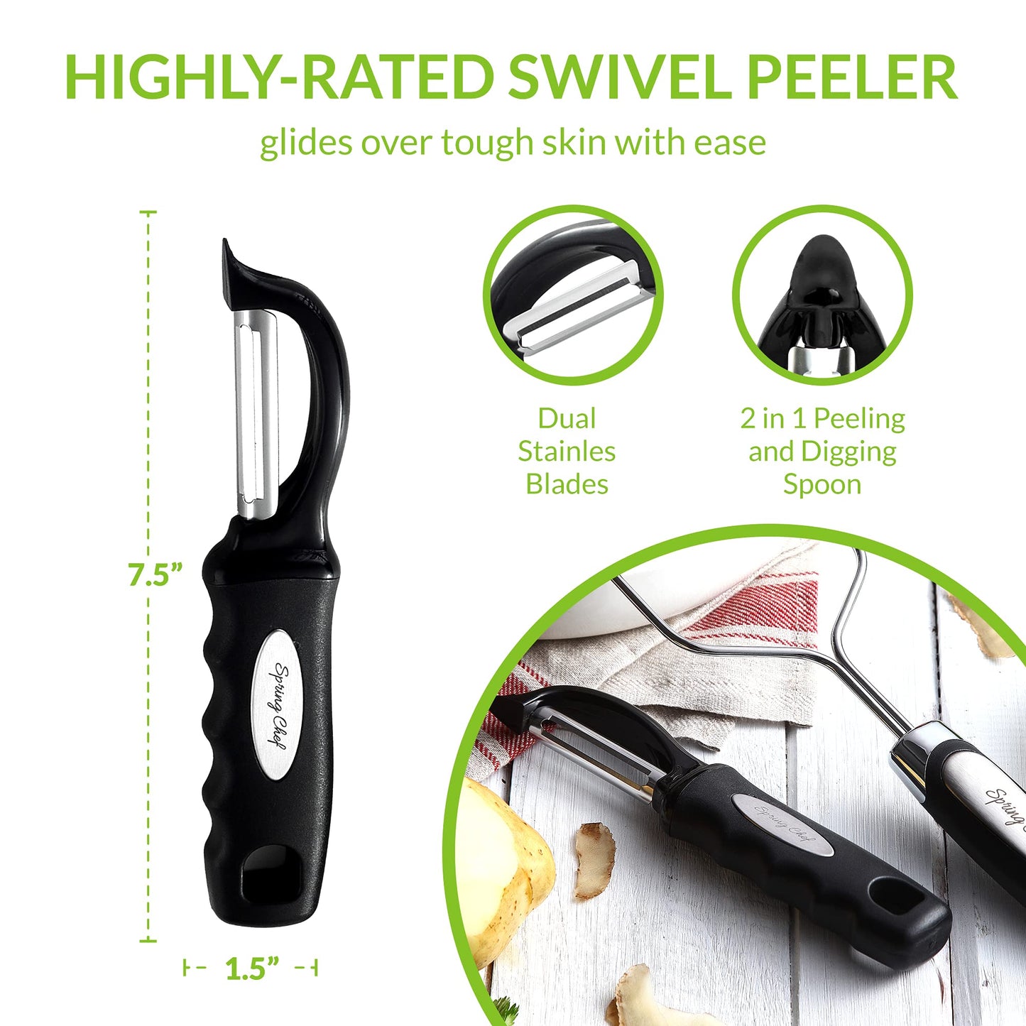Spring Chef Stainless Steel Premium Vegetable Peeler with Potato Masher, Soft Grip Handle Metal Food Peeler and Masher for Fruit & Vegetables