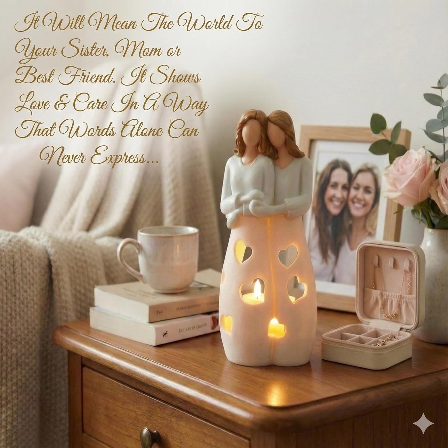 Sisters for Mom - Candle Holder Statue with Flickering LED Light | Unique Gift for Mother's Day & Friends