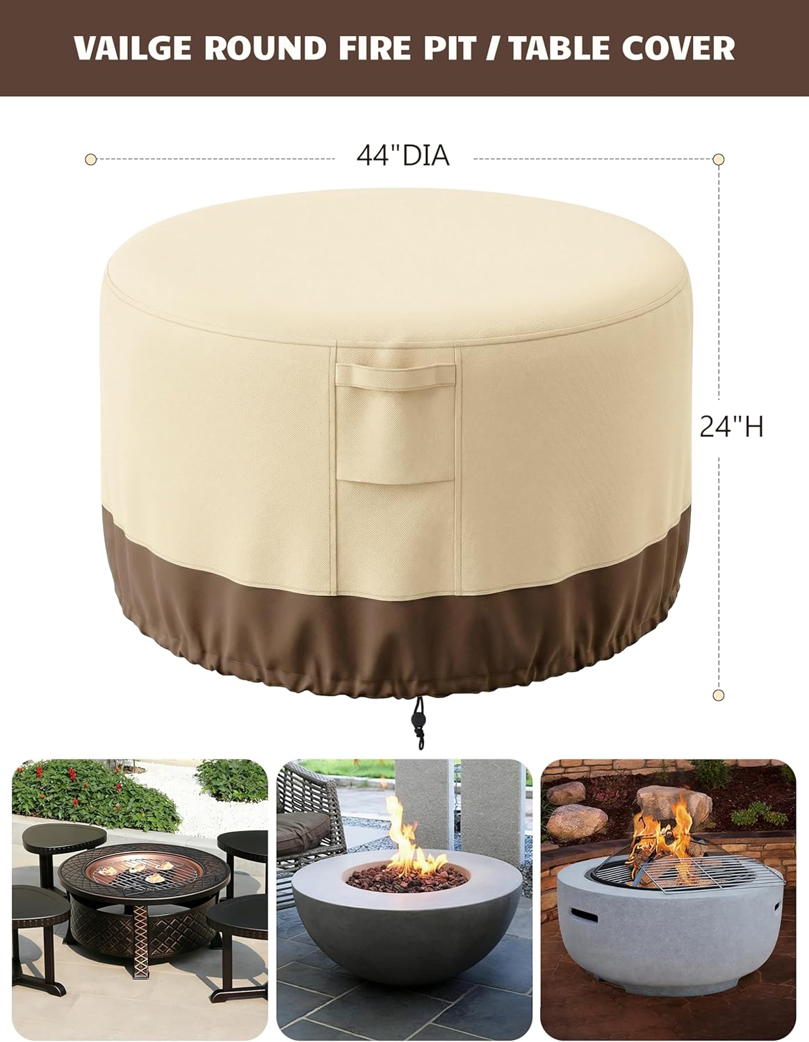 Vailge Round Fire Pit Cover - 100% Waterproof Heavy-Duty Protection | Outdoor with Air Vent & Handle