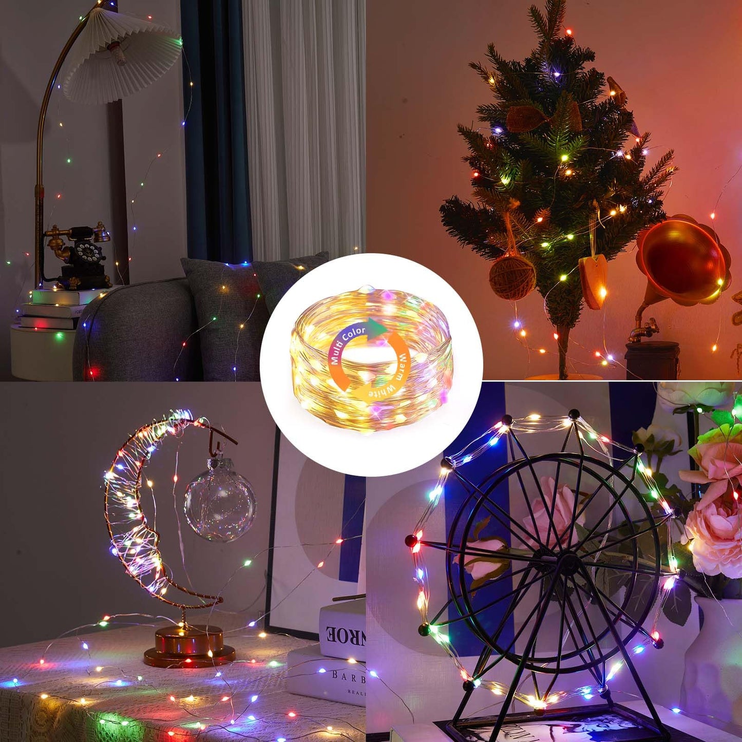 Ariceleo 1 Pack Warm White & Multi-Color Battery Operated String Lights, 5M/16.4ft. 50 LEDs Remote Control Timer 12 Modes Optional Twinkle Battery Powered Fairy Lights Sliver Wire Firefly Lights