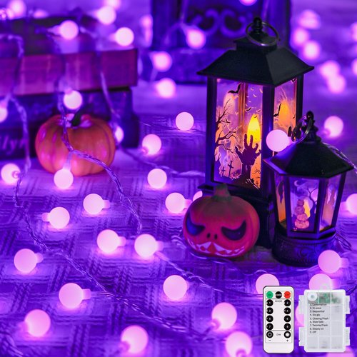 JMEXSUSS 100 LED Purple Globe String Lights Battery Operated, 33ft 8 Modes Indoor Christmas Lights with Remote, Battery Powered Fairy Lights Outdoor for Room Bedroom Party Patio Yard Decor