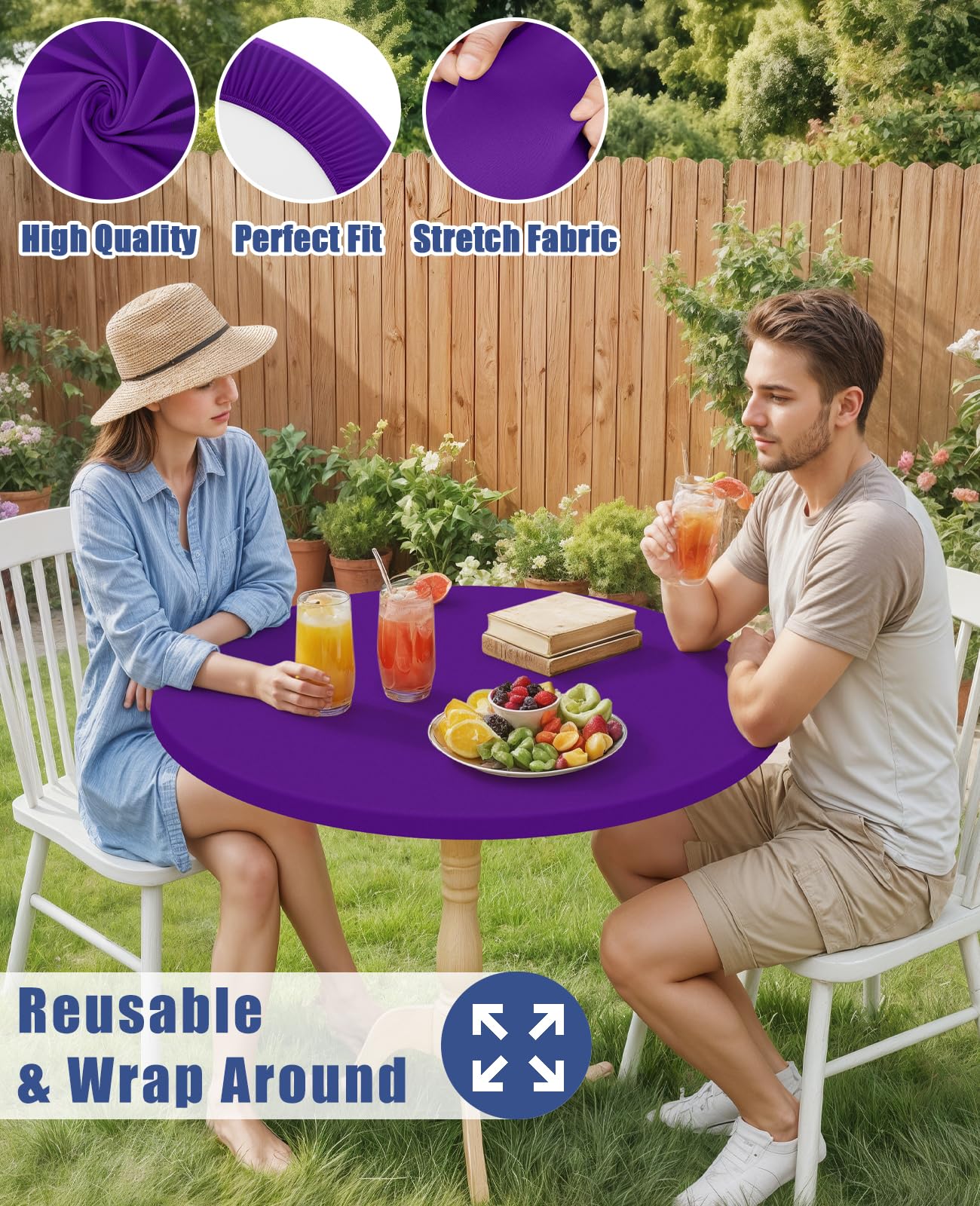 Moosfor Round Spandex Tablecloth, Elastic Fitted Waterproof Tablecloths for 45"-56" Tables, Stretch Washable Picnic Table Cover for Camping, Dining, Indoor and Outdoor, Purple