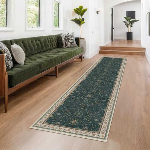 Hazo Haus Vintage Dark Green Hallway Runner Rug - Washable, Non-Slip, 2x10 ft Modern Boho Design