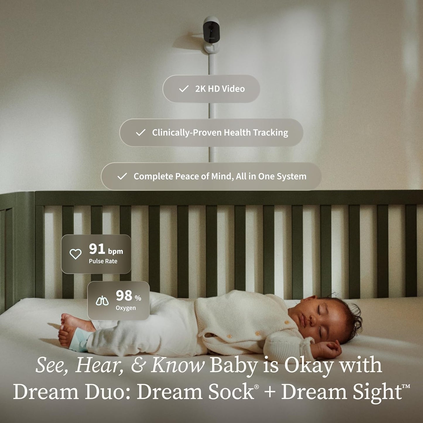 Owlet Dream Duo (Gen 3) Smart Baby Monitor Bundle - 2K HD Video & Dream Sock for Oxygen, Heart Rate, Sleep Tracking | App Health Insights