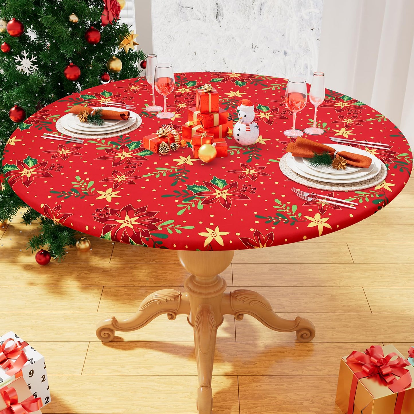 homing Round Elastic Fitted Tablecloth, Water-Resistant Fabric Tablecloths for 45"-56" Tables, Washable Polyester Table Cover for Picnic, Caming, Dinner, Indoor & Outdoor, Flowers