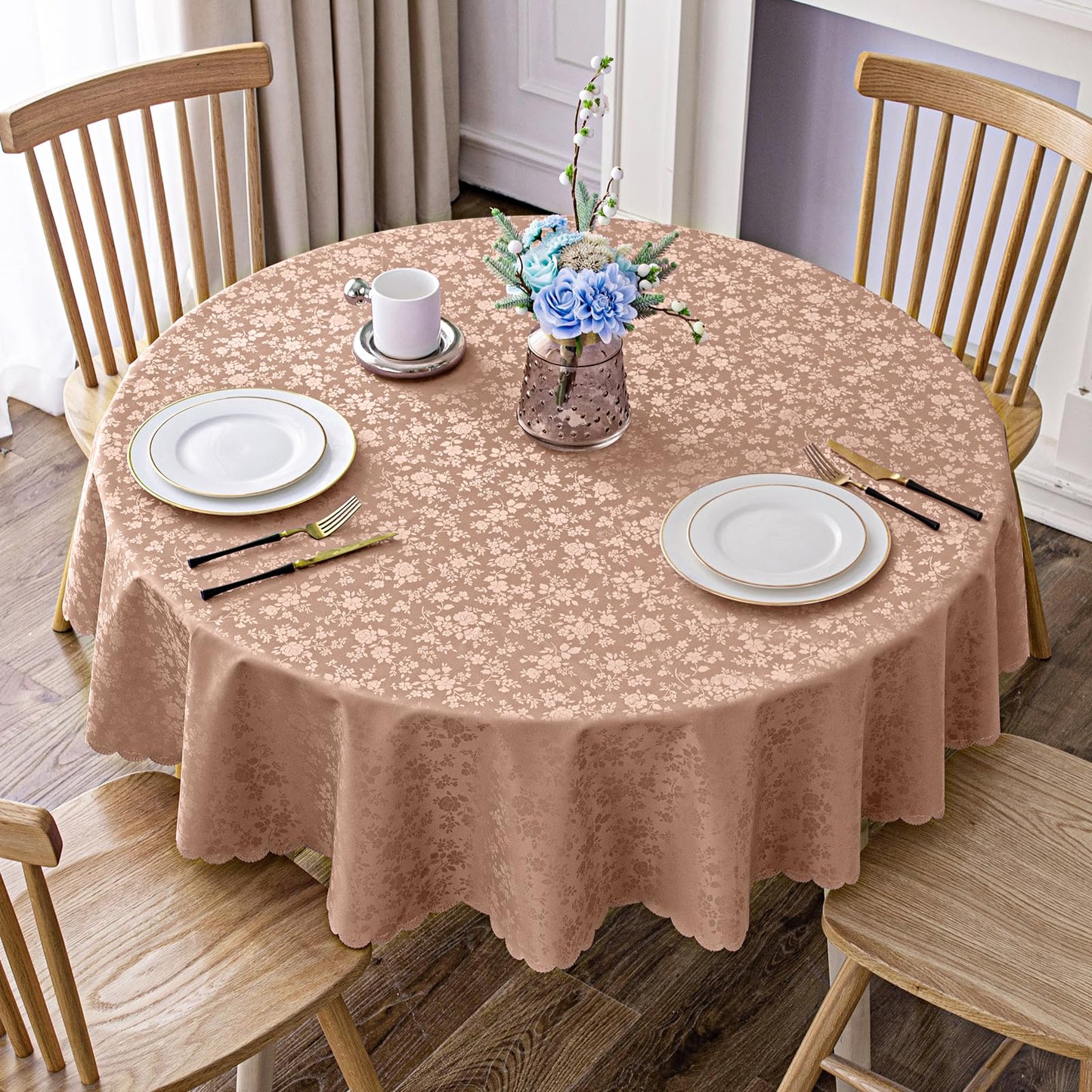 Smiry Round Table Cloth, Waterproof Heavy Duty Vinyl Tablecloths, Wipeable Washable Table Cover for Kitchen and Dining Room (Tan, 70" Round)