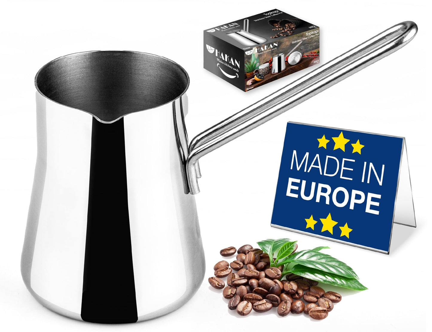 Hakan Turkish Coffee Pot, Greek Arabic Coffee Cezve, Stainless Steel Stove Top Milk Warmer, Chocolate Melting Pot with Spout, Chai Pot, Ibrik, Briki | 16.9 oz. (500 cc)