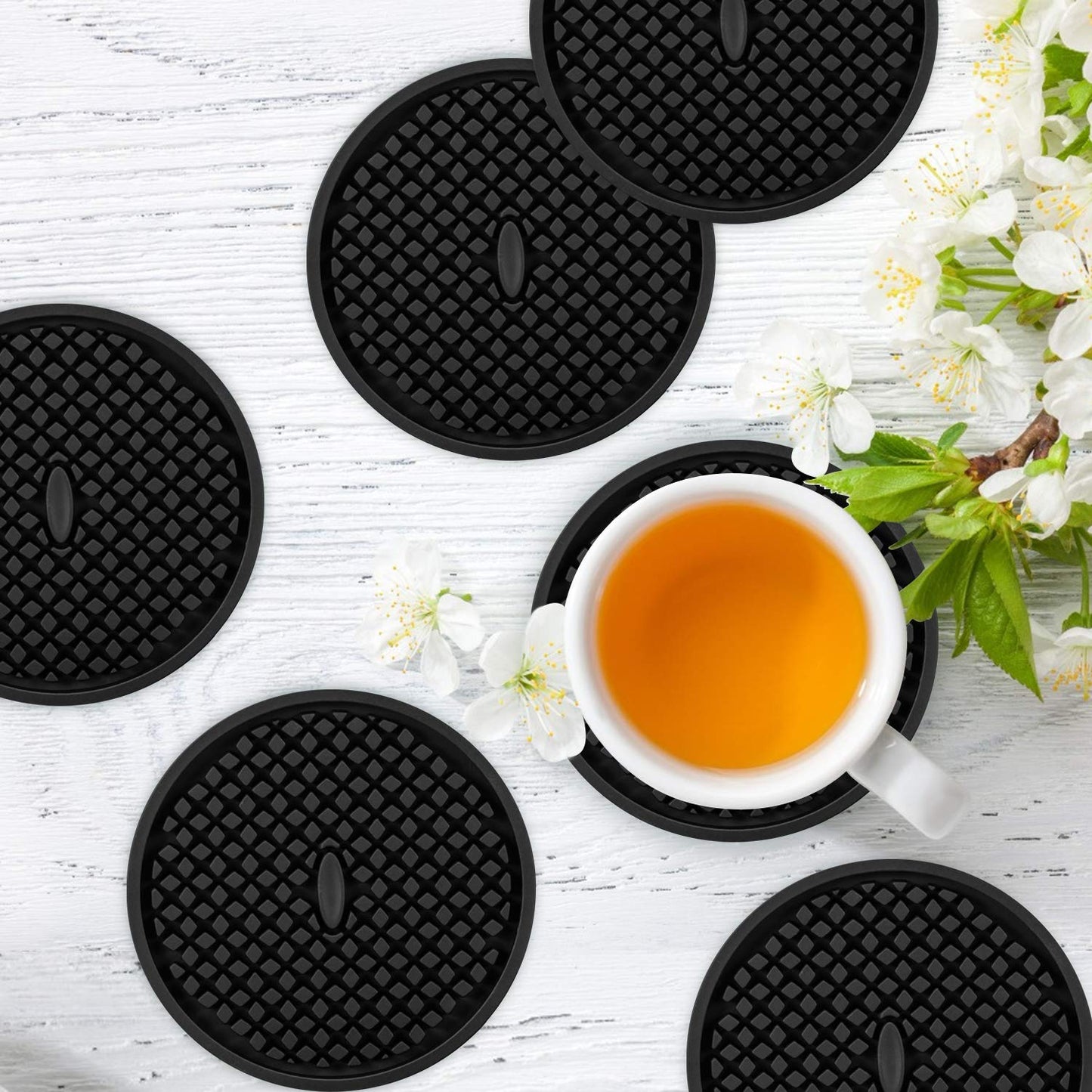 ME.FAN Silicone Coasters [6 Pack] Thickened Drink Coasters with Holder - Cup Mat - Non-Slip, Non-stick, Stay Put, Deep Tray - Prevents Furniture and Tabletop Damages