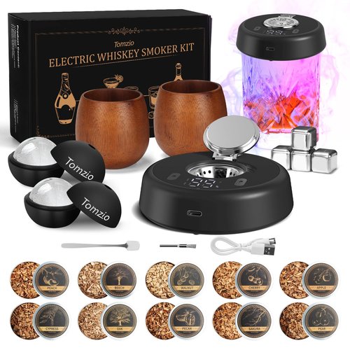 Electric Whiskey Smoker Kit, Torch-Free Rechargeable Cocktail Smoker with 7 Color Lights, All-in-1 Gift Set with 2 Wooden Whiskey Glasses, 10 Wood Chips, Ice Molds & Steel Cubes for Men, Dad