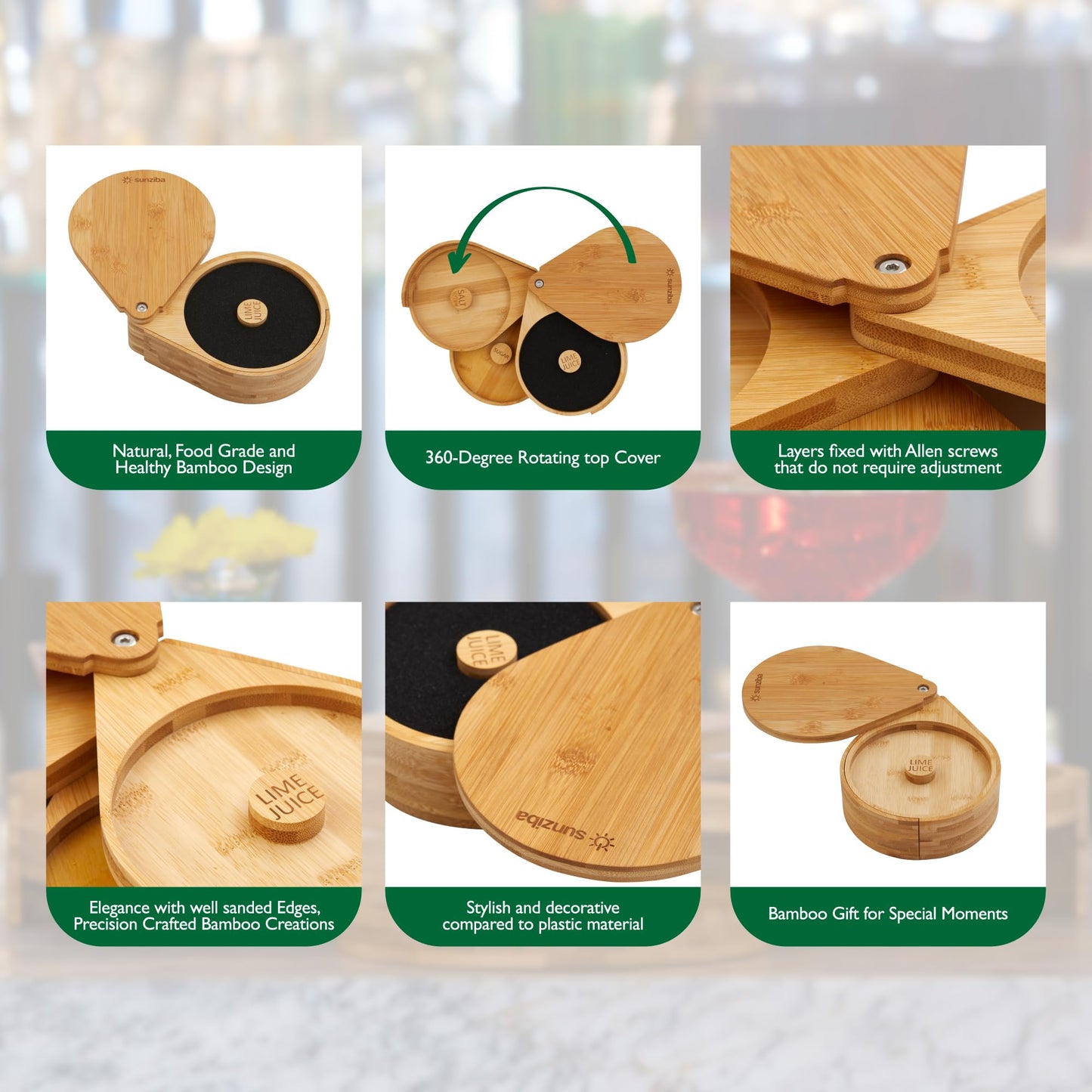 Sunziba Margarita Salt Rimmer Set | 3-Tier Bamboo Salt Rimmer for Cocktails | Bartender Accessories & Home Bar Gift | Complete Margarita Kit