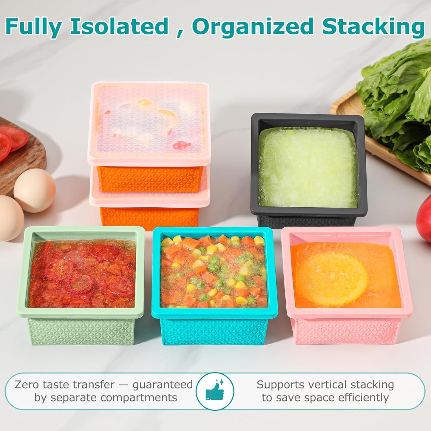 Silicone Freezer Molds - 2-Cup Stackable Soup Cube Storage Tray with Lid | 4-Pack, Oven & Dishwasher Safe