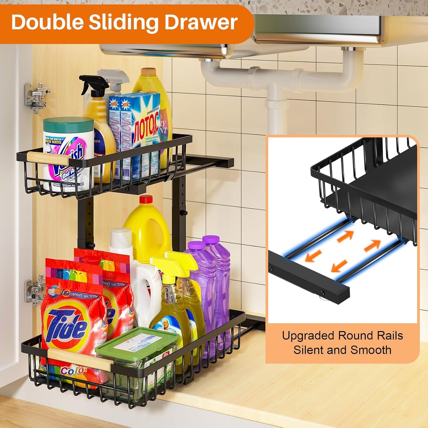 REALINN Under Sink Organizer - Height Adjustable 2-Tier Pull-Out Drawer Storage for Kitchen & Bathroom