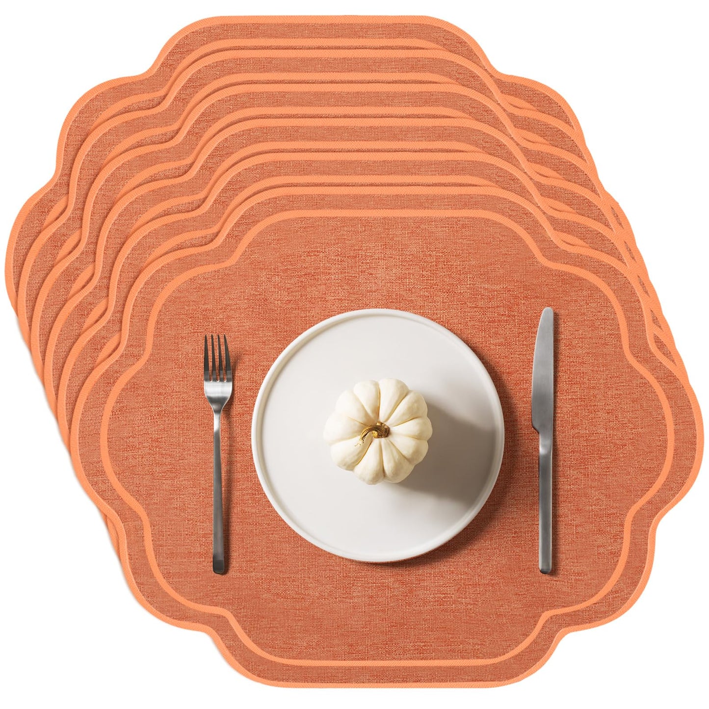 Breling 6 Pcs Orange Wedding Placemats Scalloped Embroidered Cotton Linen Placemats 17" x 13" Double Layered Machine Washable Table Place Mat for Party Table Decor (Cotton)