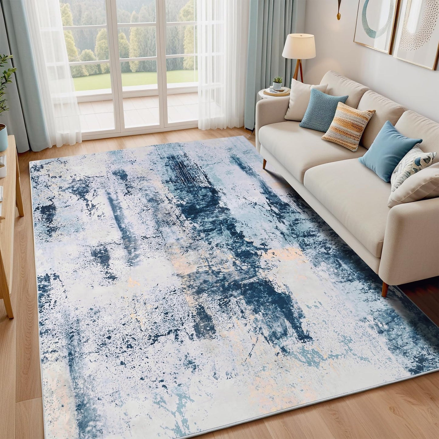 Macgace Modern Abstract Rugs for Living Room, 5'x7' Machine Washable Area Rug with Non Slip Backing for Bedroom, Soft Floor Covering Contemporary Carpet for Dining Room Kitchen Home Office, Blue