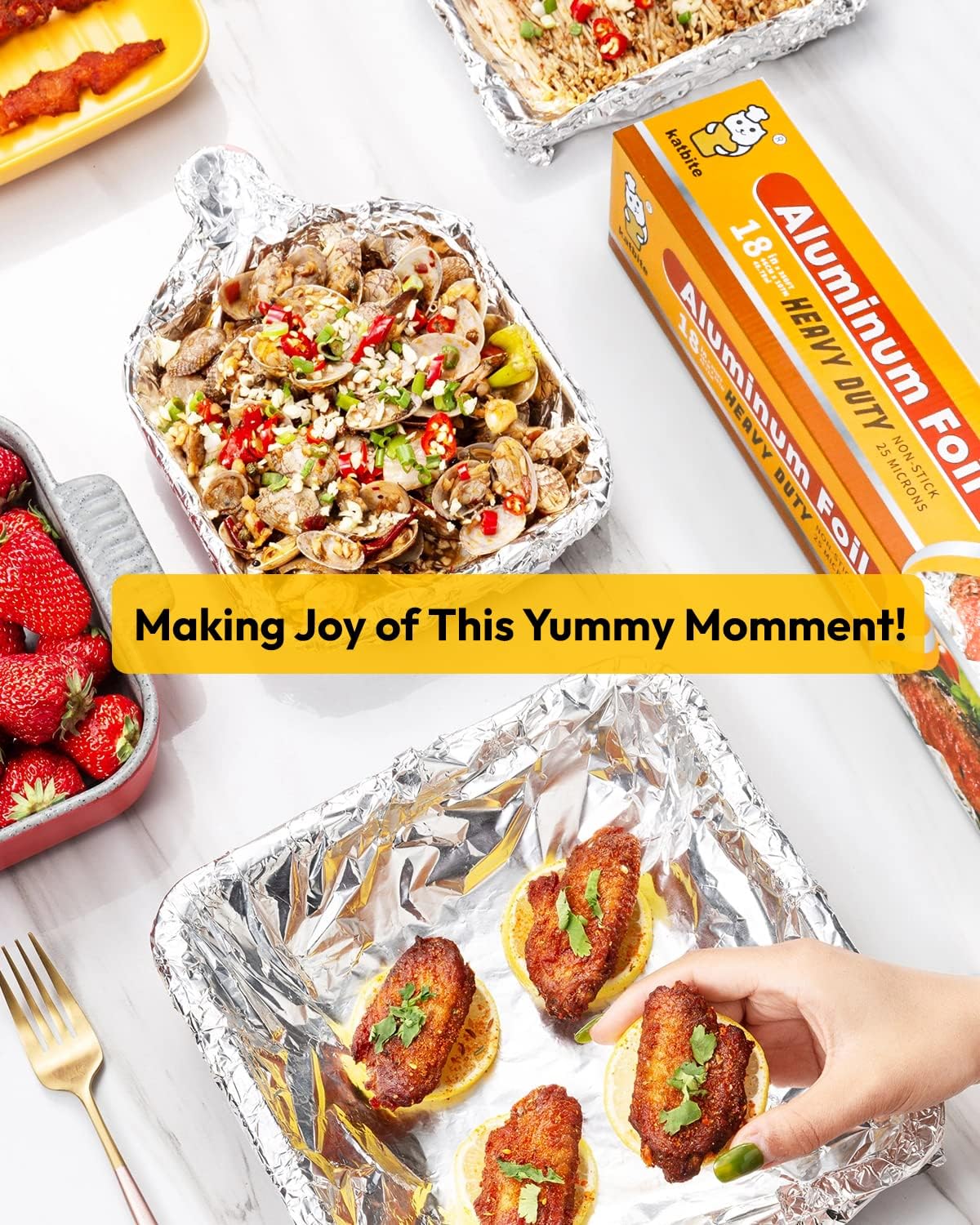 Katbite Heavy Duty Aluminum Foil - 17.7 Inch Wide, 30 Micron Thick Roll for Grilling & Baking | 525 Sq Ft