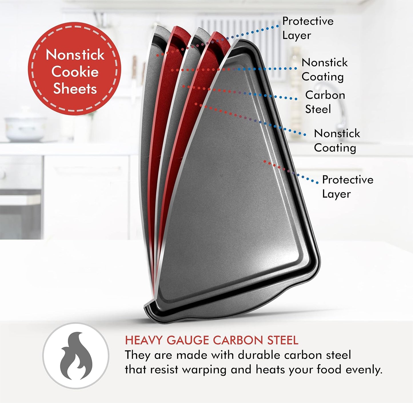 Perlli Non-Stick Baking Sheets - 3-Piece Carbon Steel Oven Tray Set | BPA-Free for Cakes & Cookies