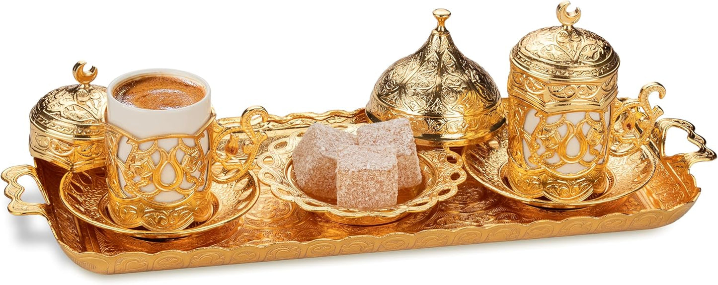 Alisveristime Ottoman Turkish Greek Arabic Espresso Coffee Cups with Saucer and Lid (Set of 2) (Hilal) (Silver)