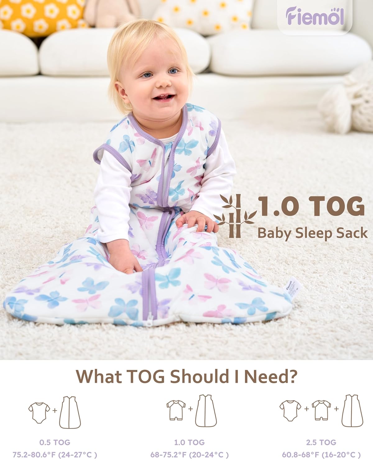 Rayon by Bamboo Baby Sleep Sack - Soft 1.0 Tog Wearable Blanket for Infants 6-12 Months | 2-Pack Purple Butterfly