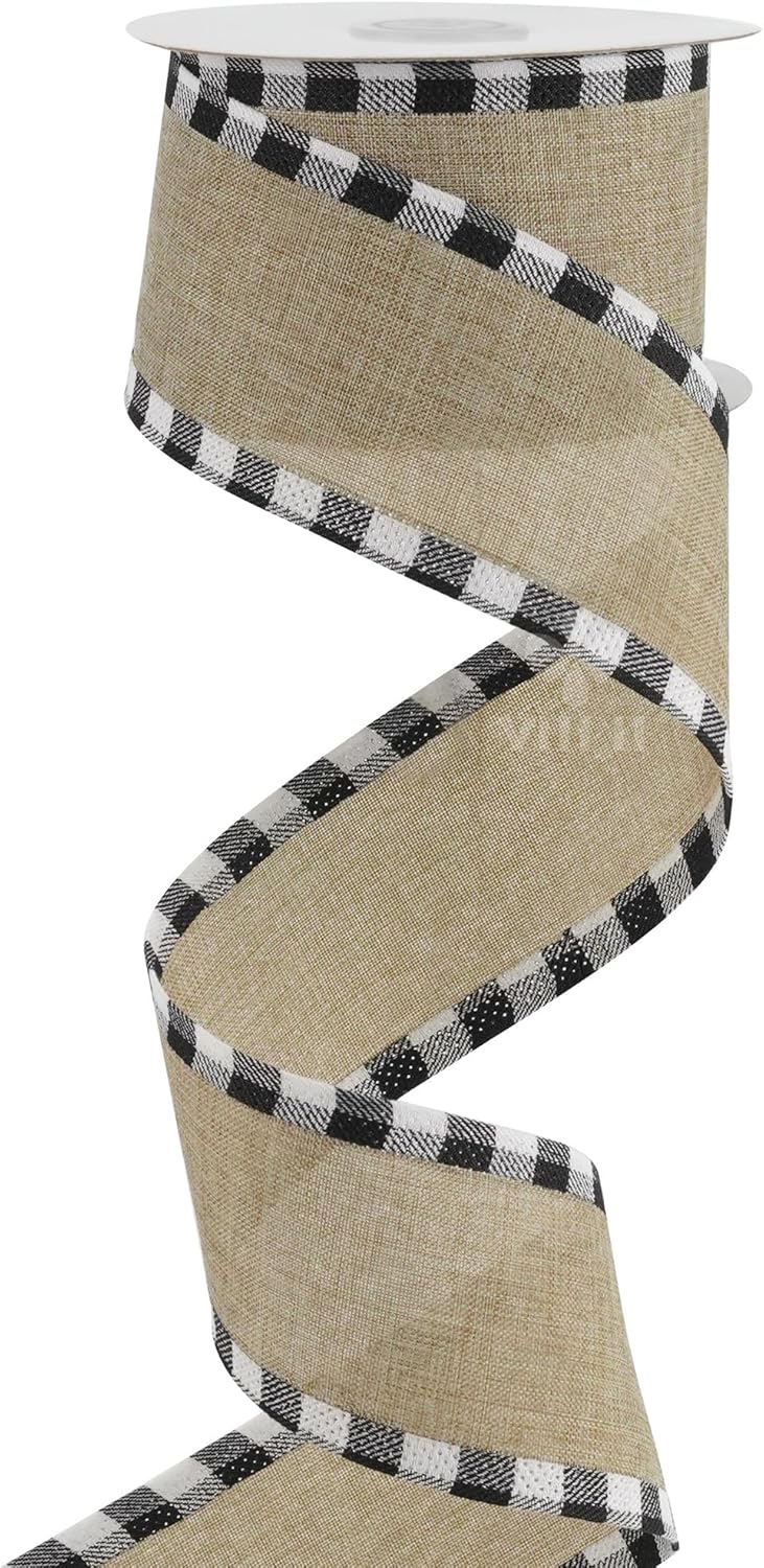 MEEDEE Burlap Christmas Ribbon - 2.5 Inch Wired Plaid with Black & White Edging | 10 Yards for Tree & Wreath Decor