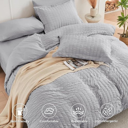 HYMOKEGE California King Comforter Set - 7-Piece Light Grey Seersucker Luxury Bedding Set