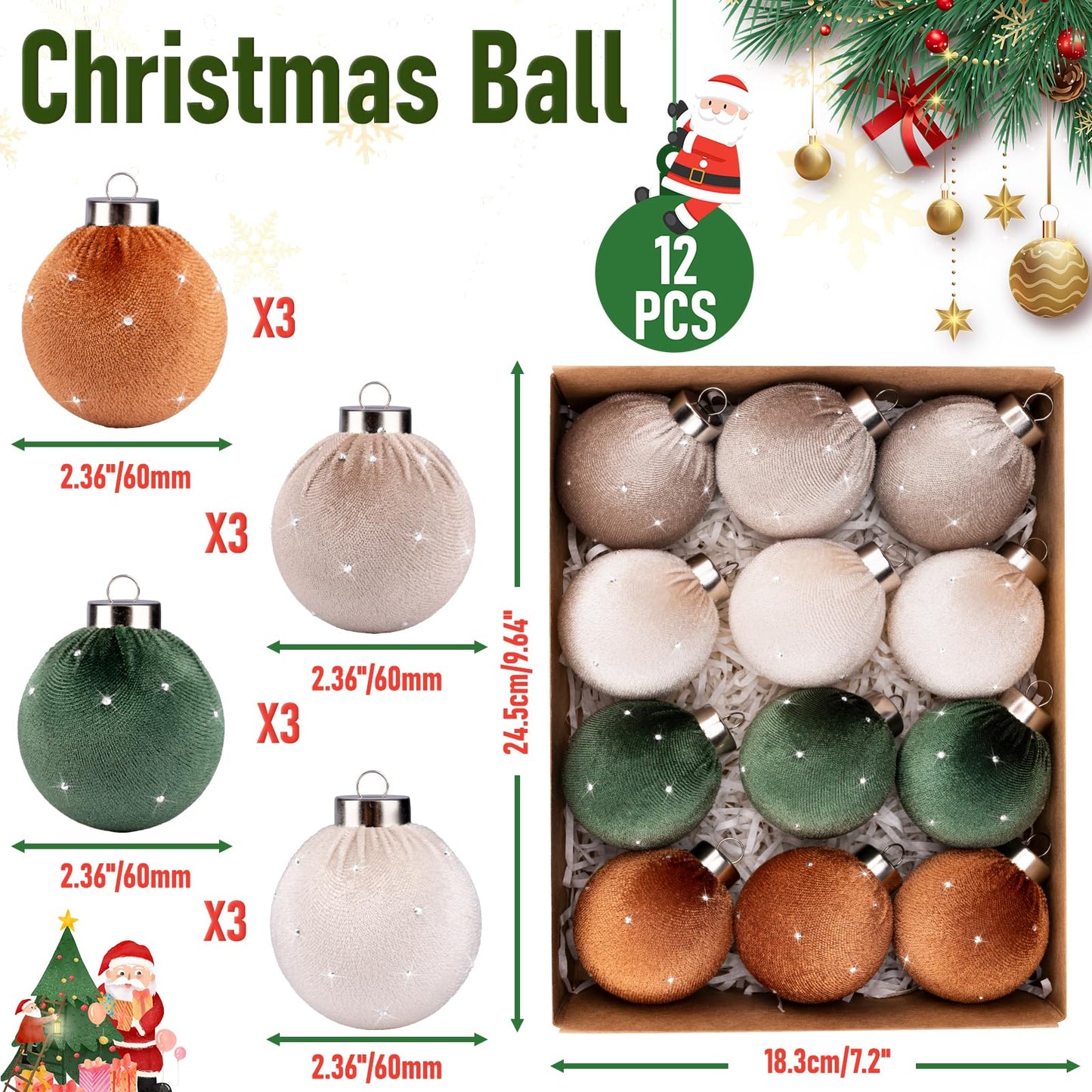 TonJin Christmas Tree Ornaments Velvet Balls 12 Pack, 2.36"/60mm Glitter Shatterproof Hanging Flocked Xmas Bulbs Decorations, Lightweight, Burnt Orange Green Beige Neutral,Holiday Party Home Decor