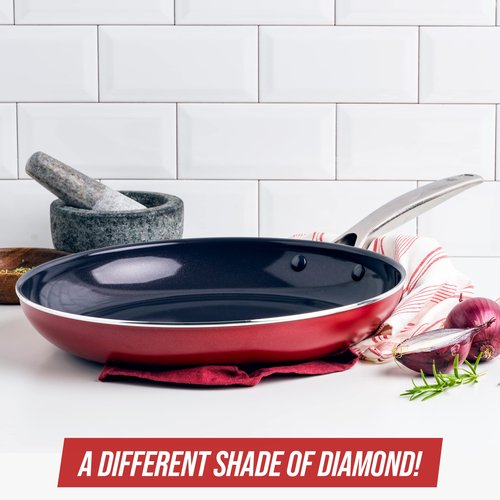 Blue Diamond 12" Nonstick Frying Pan Skillet, Diamond Infused PFAS & PTFE-Free Ceramic Pot, Dishwasher & Oven Safe, Stay Cool Handle, Durable Non Toxic Metal Utensil Safe, Egg & Omelet Pan, Red