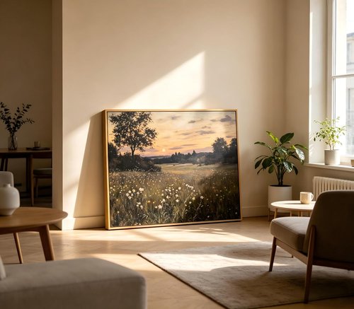 Framed Vintage Farmhouse Canvas Wall Art - Rustic Wildflower Field Landscape Painting | 16x24