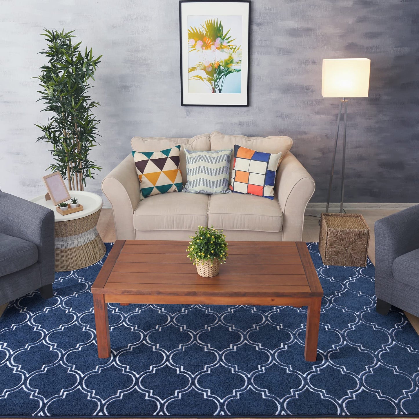Chicrug Shag Geometric Modern Area Rug for Bedroom, 5x7 Feet Memory Foam Indoor Carpet, Fluffy Rug for Living Room Bedside Room Decor for Family Girls Kids Nursery Play Mat, Navy/White