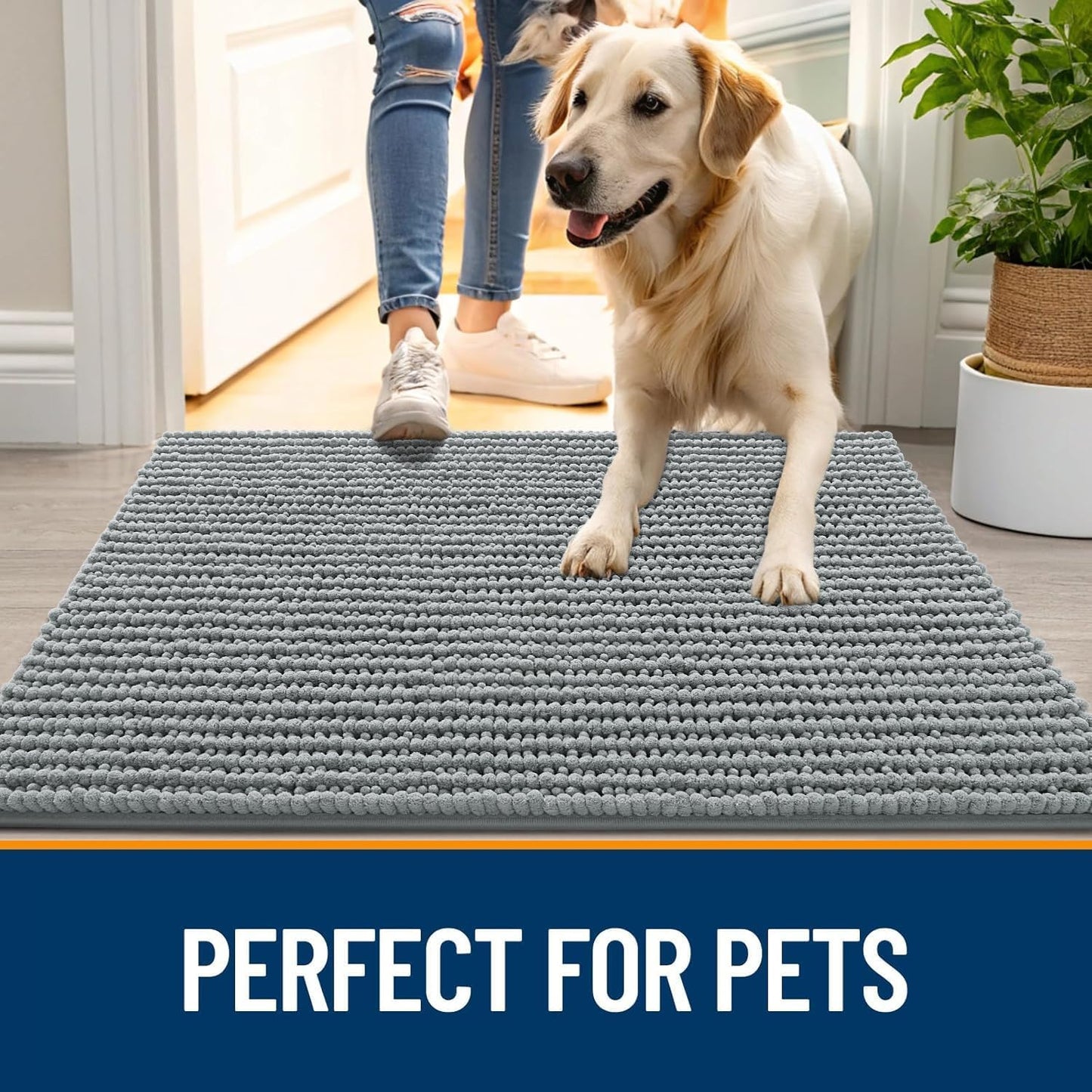 OLANLY Dog Door Mat - Ultra Absorbent Chenille Mud Doormat | Non-Slip & Washable, 47x24, Grey