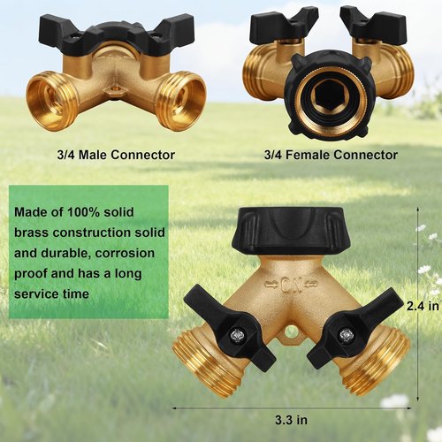 Biswing Garden Hose Splitter - Heavy Duty Brass 2-Way Tap Connector with 2 Valves & Extra Washers