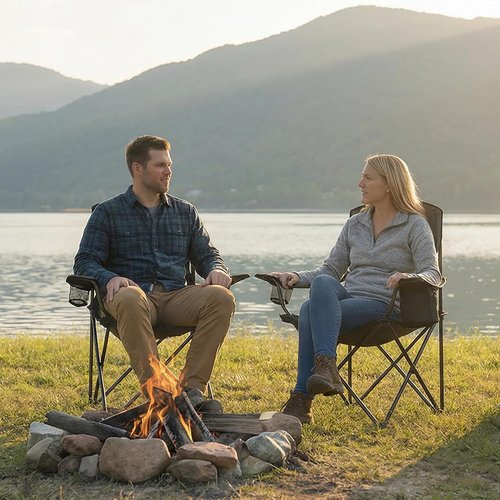 ALPHA CAMP Heavy Duty Camping Chairs - 350LBS Capacity with Cooler Bag & Cup Holder | Portable Black 2PC Set