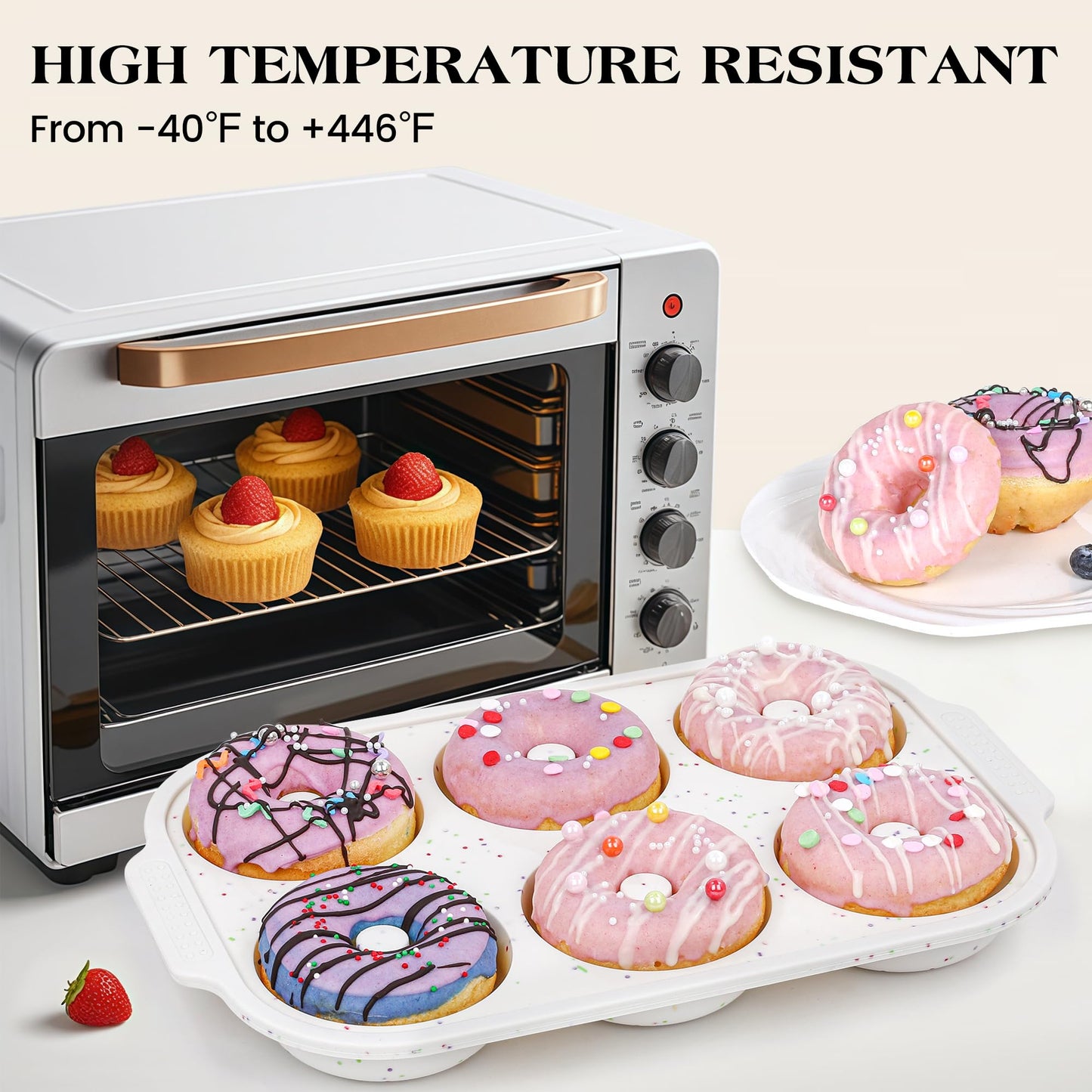 KASHME 2 Pcs Silicone Donut Pan for Baking with Metal Reinforced Frame Nonstick 6 Cavity Donut Molds Doughnut Tray 3.25 Inch Large Bagel Molds(Cream)