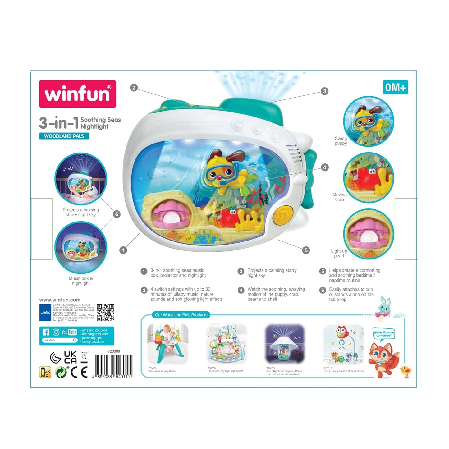 Winfun 3-in-1 Soothing Seas Nightlight - Music Box Projector with Calming Lullabies | Perfect Baby Gift for Crib or Tabletop