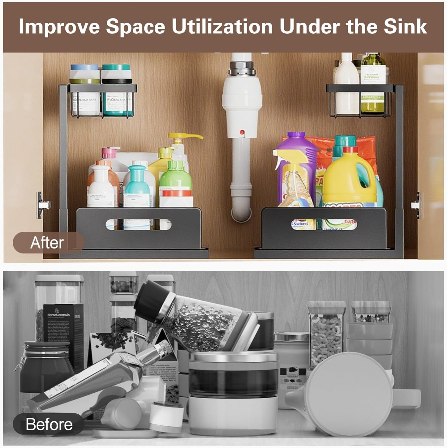 VUSIGN Under Sink Organizer - 2-Tier Metal Pull-Out Shelf for Kitchen & Bathroom - Black, 2 Pack