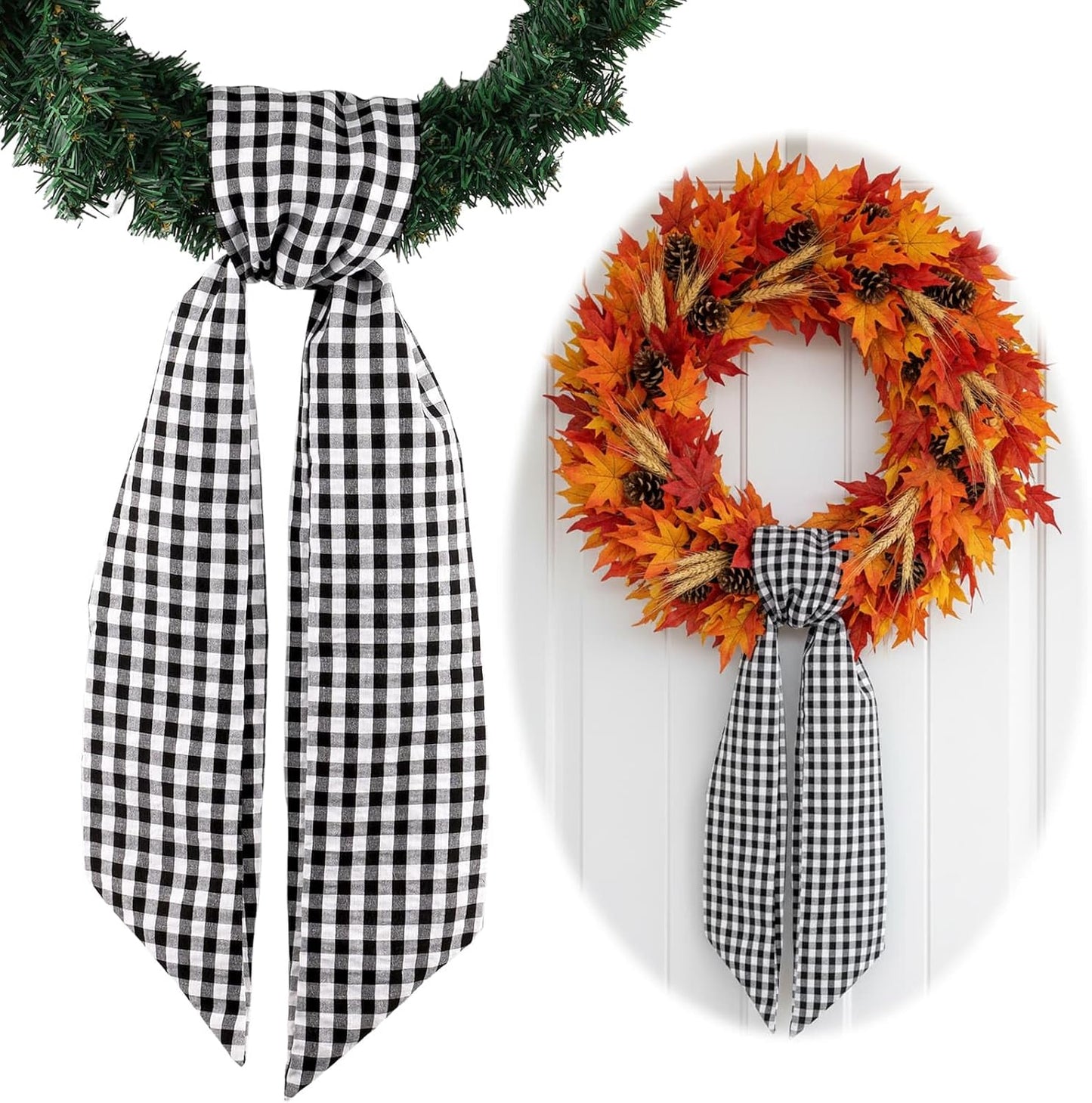 Regine Switzerland Wreath Sash - Black White Checkered Plaid Bow Ribbon for Year-Round Home Decor (5.12" x 54.33")