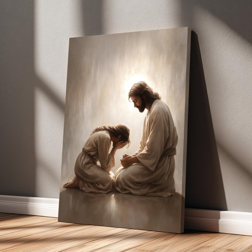 FASWQ Framed Jesus and Woman Wall Art - Christian Canvas Painting for Home Decor | 12x16 Inch