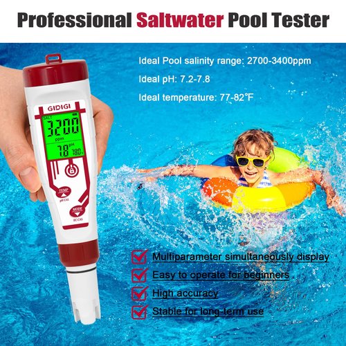 Aquarium Salinity pH Meter,Digital Pool Salt Tester,Simultaneously Display 5 in 1 PPM pH EC Reader Water Quality Tester for Pool, Aquaponics,Koi Pond, Coral Reef Tank