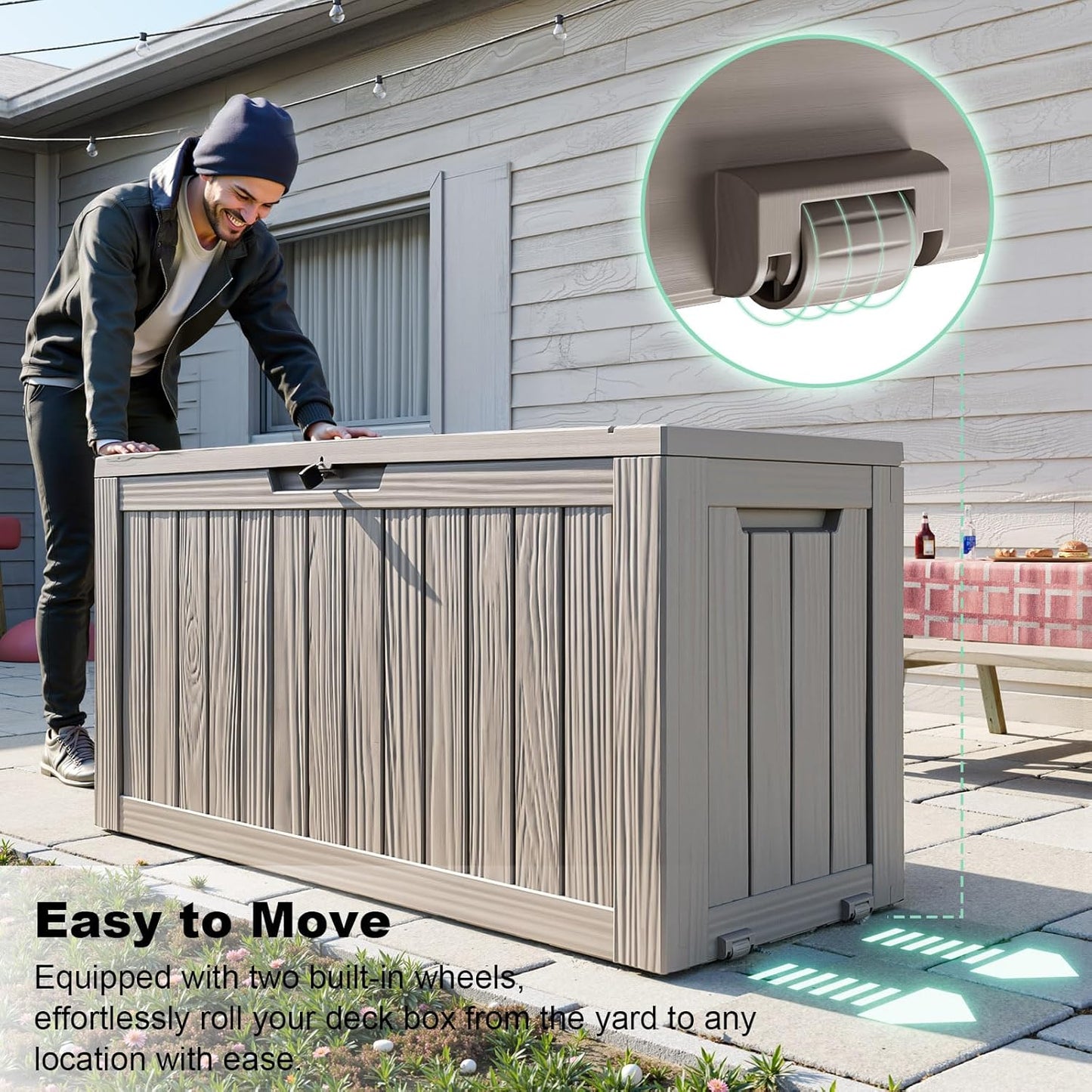 Skiennix 76 Gallon Outdoor Deck Box - Lockable Waterproof Storage for Garden Tools & Cushions | Grey