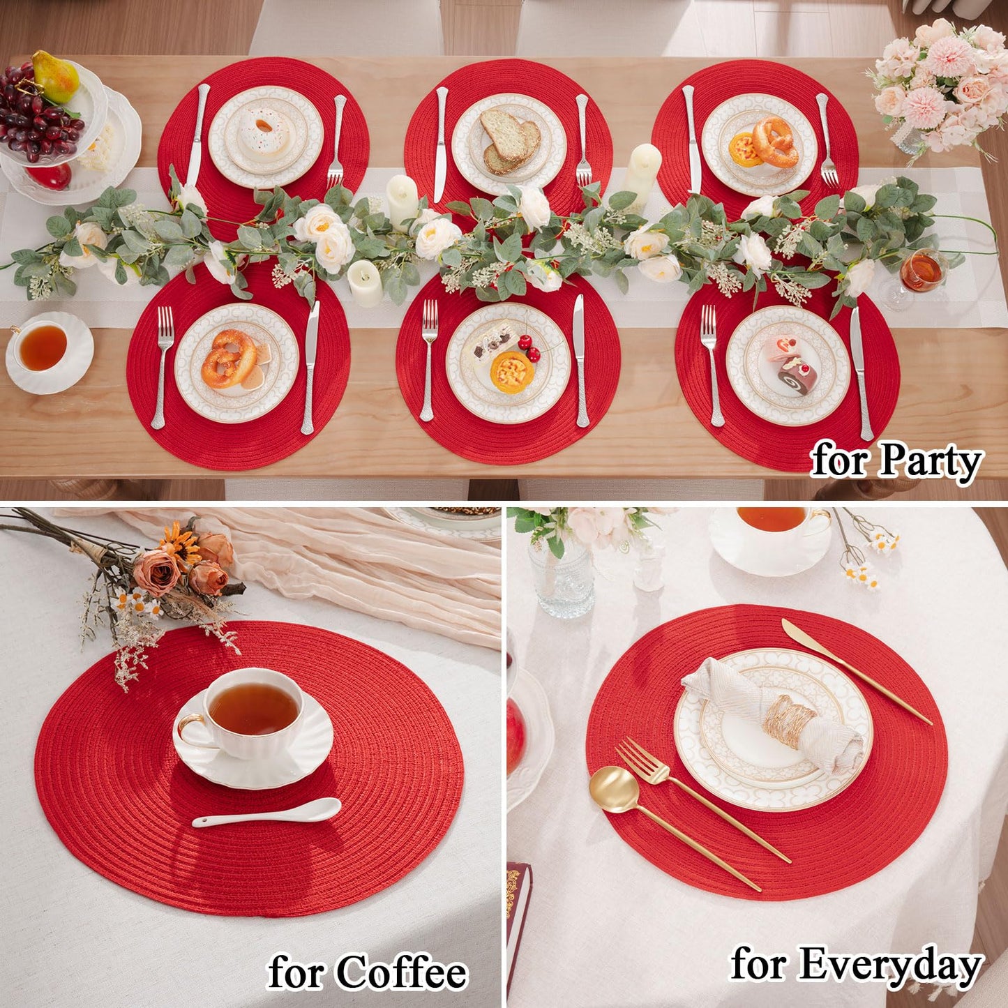 SHACOS 15 inch Round Placemats Set of 6 Braided Non Slip Washable Place Mats for Dining Tables Kitchen Table Mats Home Wedding Party Decor (Red, 6)