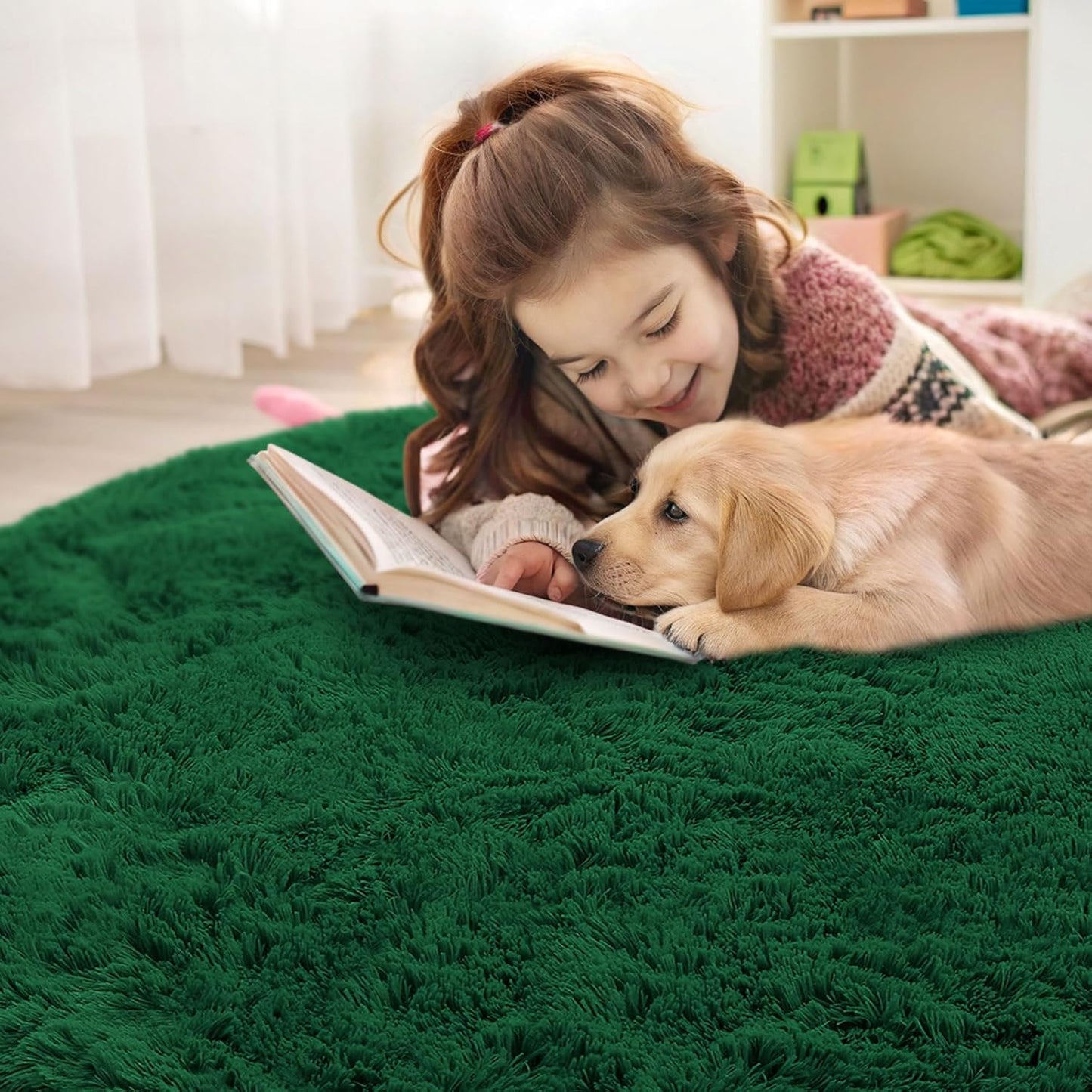 OLANLY Dark Green Round Rug - Soft & Fluffy 9 ft Circle Area Rug, Machine Washable for Bedroom & Living Room Decor