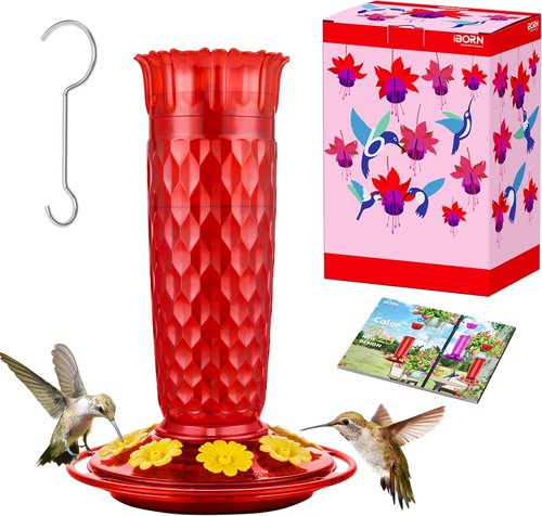 iBorn Hummingbird Feeders - 16oz Outdoor Hanging Feeder with 8 Bee Guards & Ant Moat | Red Honeycomb Design