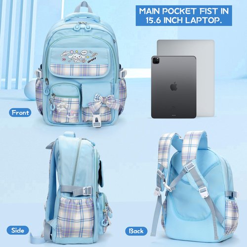 Ensccant Backpack for Girls with 14Pcs Accessories - Anime Schoolbag Cartoon Backpack Laptop Bookbags Anti-Theft Travel Aesthetic New Semester Gifts Bag with Pins,ID Badge Holder,Stationery - Blue