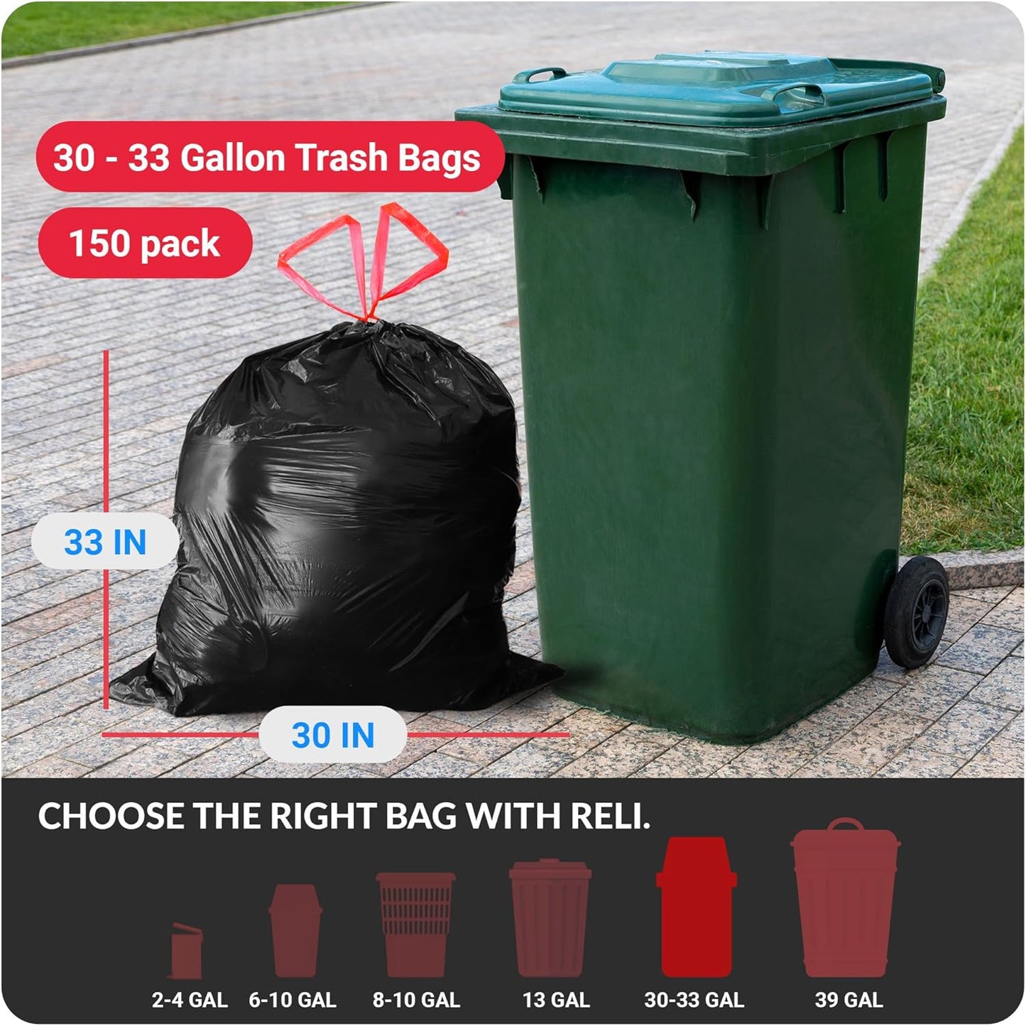 Reli. Heavy-Duty 30 Gallon Trash Bags with Drawstring - 150 Count | Black Garbage Bags
